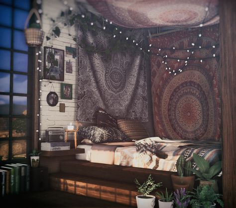 Melanin ♥ Simblr Hippie Furniture, Indie Bedroom, Hippie Bedroom, Sims 4 Bedroom, Furniture Cc, Hippy Room, Sims 4 House Design, Sims 4 Furniture, Casas The Sims 4