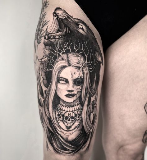 Melinoe Goddess Tattoo, Goddess Hel Tattoos, Hella Tattoo Norse Mythology, Hel Tattoo Design, Norse Gods And Goddesses Tattoo, Goddess Hel Art, Hel Tattoo Norse, Goddess Of Chaos Tattoo, Hel Norse Goddess Tattoo