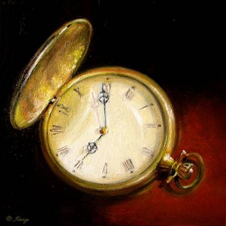 vintage fob watch gold roman numerals oil painting, painting by artist JEANNE ILLENYE Vanitas Paintings, Old Pocket Watches, Small Clock, Gold Pocket Watch, Art Of Manliness, Dads Favorite, Fob Watch, Still Life Oil Painting, Pendant Watches