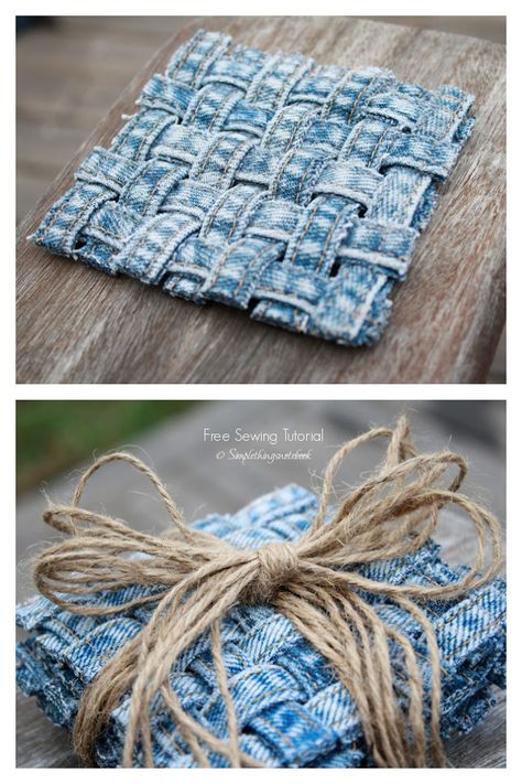 Woven Jean Seam Coasters DIY Tutorial | Fabric Art DIY Upcycled Denim Diy, Sewing Videos, Denim Scraps, Jean Quilt, Denim Crafts Diy, Art Coasters, Blue Jeans Crafts, Denim Quilt, Fabric Coasters