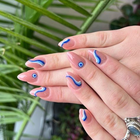 Evil Eye Nail Art Design, Greece Themed Nails, Evil Eye Gel Nails, Greek Eye Nails, Ojo Turco Nails, Ojo Nails, Blue Evil Eye Nails, Turkish Eye Nails, Evil Eye Nails Design