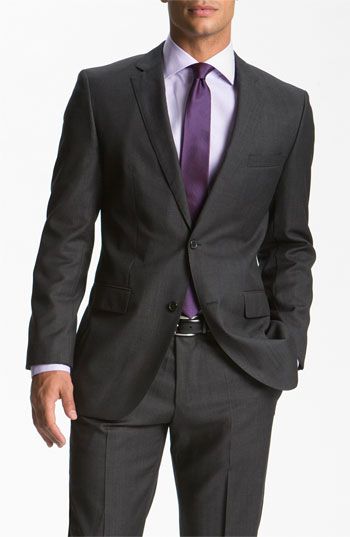 Hugo Boss Grooms Outfits, Wedding Suits Men Black, Lavender Shirt, Grey Suit Men, Dark Gray Suit, Charcoal Suit, Wedding Purple, Slim Fit Tuxedo, Slim Suit