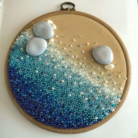 Embroidery Gcse Art, Textile Themes Ideas, Painting On Embroidery Hoop, Ocean Themed Textiles, Embroidery Ocean Theme, Sea Theme Embroidery, Sea Inspired Embroidery, Embroidery With Shells, Embroidery Hoop Painting