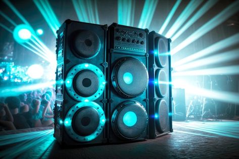 Bright modern sound system with blue glo... | Premium Photo #Freepik #photo #speaker #amplifier #concert-background #music-speaker Speakers Background, Speaker Wallpaper, Concert Background, Concert Speakers, Red Texture Background, Red Texture, Music Speaker, Sound Equipment, Dj Speakers