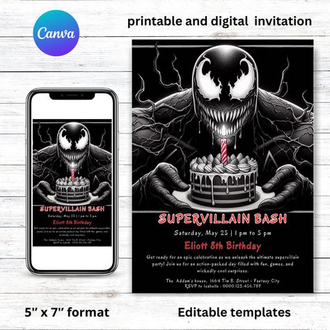 Venom Hero Birthday Invitation, superhero party invite, editable Venom invitation, Venom birthday invite, digital superhero invitation, customizable birthday invitation, Venom design invitation, kids superhero party, personalized birthday invite, high-quality digital invitation, instant download invitation, superhero-themed birthday, thrilling birthday party invite. Venom Birthday, Superhero Theme Party, Church Events, Superhero Theme, Venom, Superhero Party, Super Villains, Birthday Bash, Custom Invitations