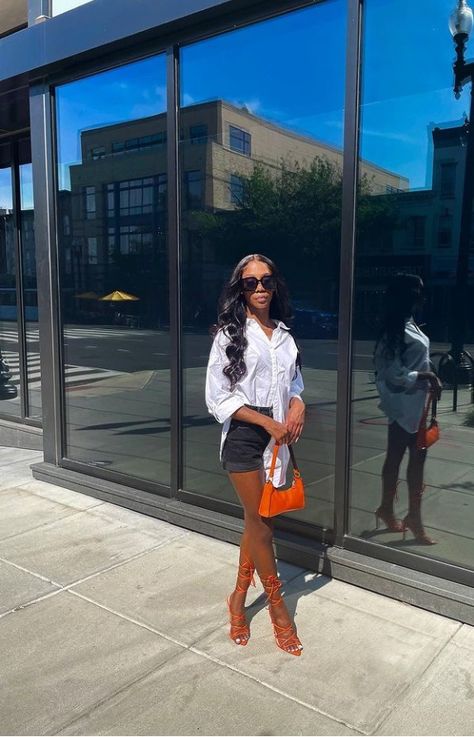 Black Dress Orange Heels Outfit, Orange Heels Outfit Summer, Orange Heel Outfit, Outfits With Orange Heels, Cute Outfits With Heels Black Women, Orange Heels Outfit Classy, Black Dress Orange Heels, Petite Black Girls Outfit, Outfits With Heels Black Women