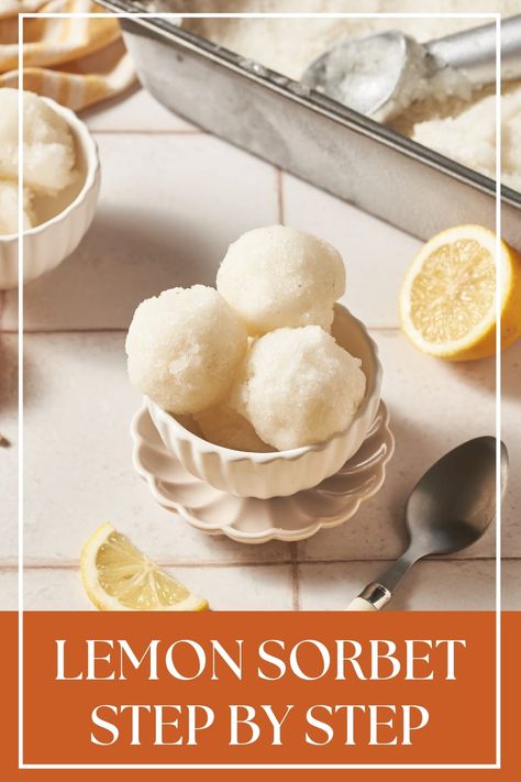 Cool off and refresh your taste buds with this homemade Lemon Sorbet recipe! It's the perfect balance of sweet and tart, and so easy to make. Ideal for hot summer days, or as a palate cleanser after a meal, this sorbet is a zesty delight that everyone will love. Grab your lemons and let's churn up some sunshine! #LemonSorbet #HomemadeDessert #RefreshingTreat #SummerFavorite #EasyRecipe #SweetAndTart #DessertTime #CitrusDelight #ChillAndEnjoy #FoodieFun #sorbet #recipe How To Make Lemon Sorbet, Lemon Sorbet Without Ice Cream Maker, Lemon Sorbet Recipe Without Ice Cream Maker, Strawberry Lemon Sorbet Recipe, Lemon Lime Sorbet, Lemon Slush, 7 Course Meal, Lemon Sorbet Recipe, Lemon Sorbet In Lemon Shell