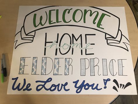 Fun creative welcome home sign! (All “free-hand”)😁 Welcome Back Home Sign Airport, Mission Welcome Home Signs, Welcome Signs For Exchange Students, Welcome Home Elder Posters, Welcome Back Sign Ideas, Welcome Home Signs Diy Poster Airport, Welcome Home Signs For Missionaries, Welcome Home Missionary Posters, Mission Homecoming Posters