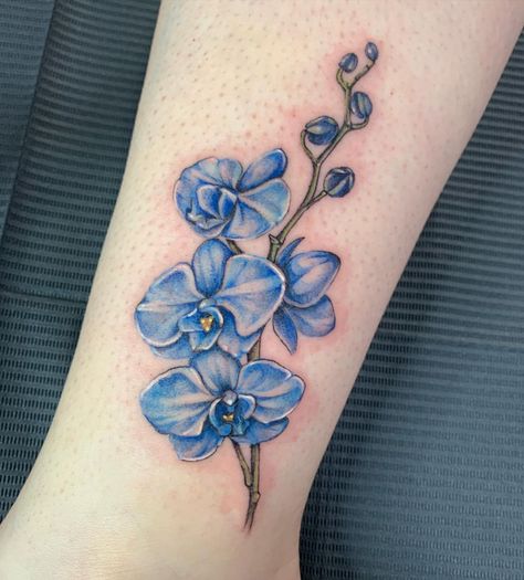 Blue Orchid Tattoo Design, Blue Orchid Drawing, Blue Peony Tattoo, Blue Orchid Tattoo, Blue Flower Tattoo, Purple Orchid Tattoo, Orchid Tattoo Meaning, Orchid Flower Tattoos, Lily Tattoo Design