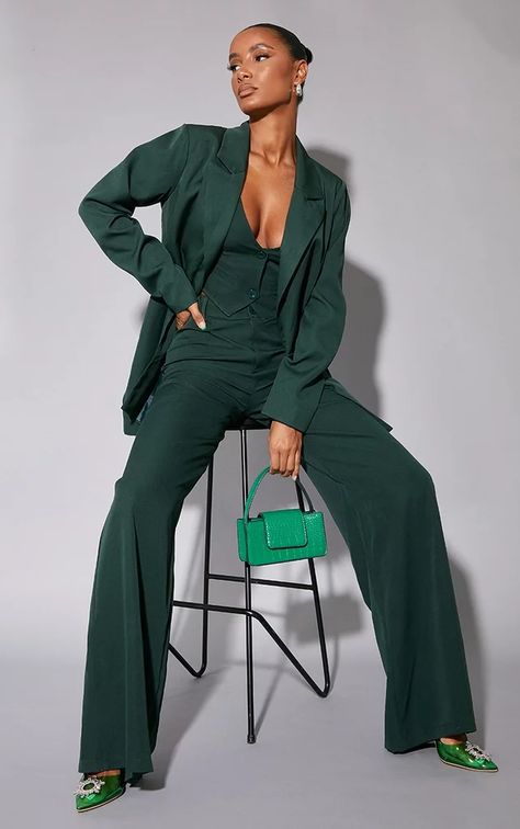 Woven Double Belt Loop Suit Pants Green Suit Women, Queer Prom, Blazer Verde, Dark Green Pants, Satin Suit, Double Belt, Green Trousers, Loop Design, Prom Suits