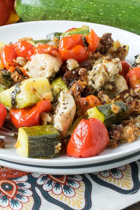 Our Chicken Zucchini Tomato Bake is loaded with flavor. Tender chunks of chicken and zucchini with tomatoes and peppers, plus a crispy crumb topping. Chicken Zucchini Tomato, Zucchini Tomato Bake, Tomato Bake, Chicken And Zucchini, Low Carb Chicken Salad, Chicken Tomato, Tomato Recipe, Zucchini Tomato, Fresh Tomato Recipes