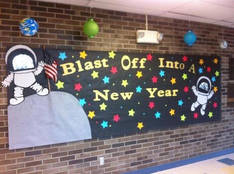 Penguin Bulletin Board Ideas, New Years Classroom, Penguin Bulletin Board, Space Bulletin Boards, Pta Bulletin Boards, New Year Bulletin Board, Space Theme Classroom, Door Bulletin Boards, Work Bulletin Boards