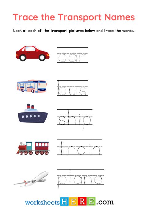 Trace the Transport Names With Pictures PDF Worksheet For Kids and Kindergarten - WorksheetsHere.com Worksheet On Transport For Kindergarten, Transportation Flashcards, Kindergarten Transportation, Transport Pictures, Tracing Pictures, Lkg Worksheets, Transportation Worksheet, Worksheet For Kindergarten, Words List