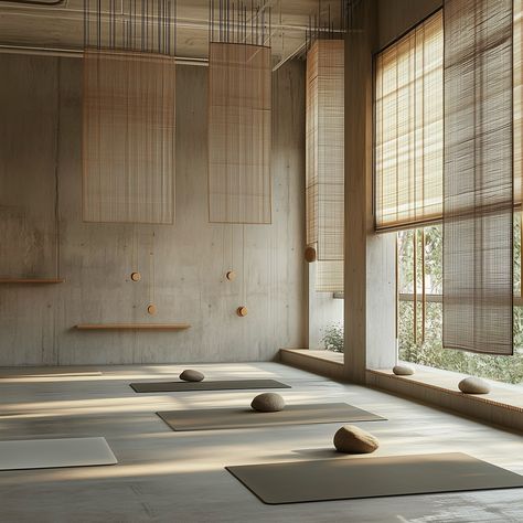 “Japandi style isn’t just seen, it’s felt; it promotes an interior calm as much as it does interior beauty.” A serene, minimalistic yoga studio that embodies the essence of Japandi design, blending Japanese and Scandinavian aesthetics. The space is characterised by its use of natural materials, particularly light wood and bamboo, creating a calming atmosphere with an earthy, neutral colour palette. The design emphasises simplicity, with hanging screens and panels that divide the room subtly,... Japanese Spa Interior Design, Japanese Yoga Room, Japanese Yoga Studio, Japandi Yoga Studio, Japanese Screen Divider, Yoga Studio Lighting, Yoga Center Design, Yoga Studio Aesthetic, Yoga Space Design