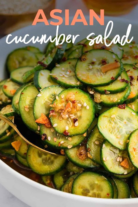 This Asian cucumber salad is a simple side dish that packs big, bold flavor! Made with sliced cucumber, garlic, and a savory, tangy, sweet, and spicy Asian inspired dressing! Different Cucumber Salads, Egg And Cucumber Salad, Asian Zucchini Salad, Pickled Salad Recipes, Japanese Cucumber Salad Vinegar, Peanut Sauce Cucumber Salad, Jalapeno Cucumber Salad, Cucumber Ginger Salad, Cucumber In A Jar Recipes