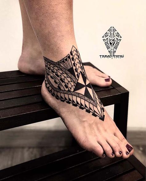 23 Badass Tribal Tattoo Ideas for Women | StayGlam Polynesian Ankle Tattoo, Ankle Cuff Tattoo, Unique Hand Tattoos, Beautiful Back Tattoos, Polynesian Tattoos Women, Lower Leg Tattoos, Hawaii Tattoos, Cuff Tattoo, Tattoo Foot