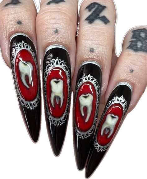 Tooth Nails, Spooky Manicure, Teeth Nails, Nails Witchy, Nails Spooky, Nails Goth, Vampire Nails, Horror Nails, Spooky Nails