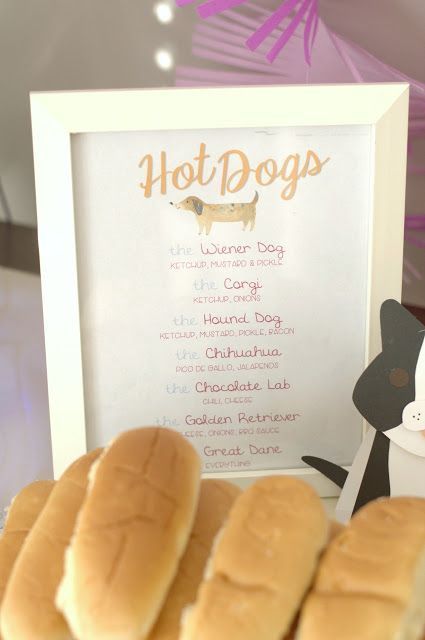 Hot Dog Bar Menu, Cat Theme Birthday Party, Dog Bday, Birthday Party Dog, Dog Themed Birthday, Dog First Birthday, Puppy Pawty, Dog Themed Birthday Party, Puppy Birthday Party