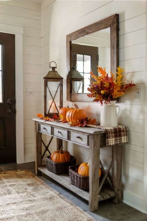 15+ Fall Entryway Decor Ideas for a Cozy Autumn Season Entrance Table Fall Decor, Fall Decor Ideas For Entry Table, Cozy Fall Decor Ideas, Fall Hallway Decor, Entryway Fall Decor Ideas, Entryway Table Fall Decor, Fall Entry Table Decor Entryway, Fall Table Runner Decor, Console Table Fall Decor