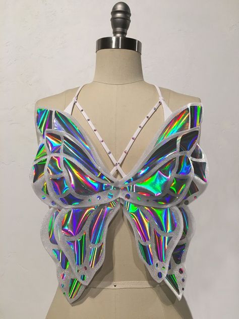 Butterfly Costume Halloween, Coachella Fashion Outfits, Rave Outfits Skirts, Outfit Edc, Holographic Butterfly, Rave Outfits Edc, Rave Fits, Sheer Bralette, Butterfly Costume