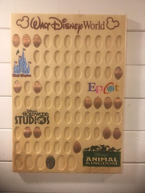 Pressed penny display to show off your pressed penny collection. Custom engraved and painted. Perfect for the Disney fanatic! Can customize with name in place of wdw name. Any special requests don’t be afraid to ask Pressed Penny Display, Penny Display, Penny Collection, Casa Disney, Deco Disney, Disney Cute, Disney Souvenirs, Disney Rooms, Disney Memories