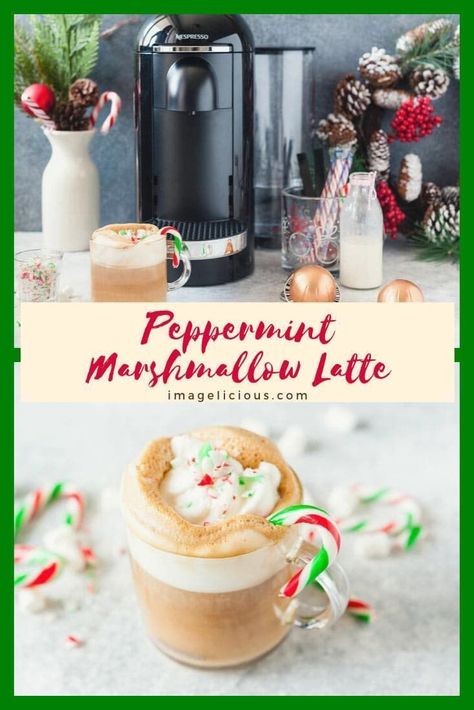 This Peppermint Marshmallow Latte is the ultimate winter coffee drink. Hygge moment. Smooth, sweet, creamy, delicious! Perfect way to celebrate the cold days and the holidays | imagelicious.com #peppermint #coffee #hygge #sponsored #nespresso Marshmallow Latte, Peppermint Whipped Cream, Peppermint Coffee, Peppermint Latte, Nespresso Recipes, Coconut Milk Smoothie, Homemade Frappuccino, Peppermint Marshmallows, Gluten Free Candy