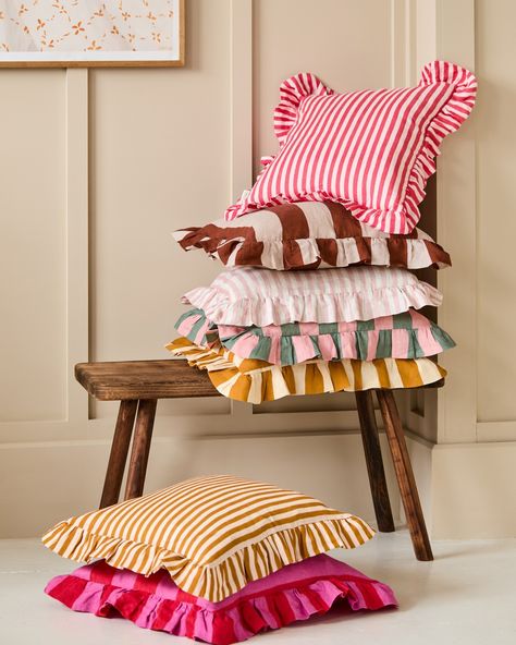 We adore the playful vibe that our Amuse La Bouche cushion collection brings to any space! Here, we've styled these lovely stripy, fun, and frilly cushions in various rooms and on different furniture to showcase their versatility. These gorgeous cushions are perfect for adding a touch of whimsy to any room 💛❤ #interiorinspiration #guesthouse #colourful #interiör #livingroomideas #Furniture #vibrant #trendy #livingroom #loveseat #snugglebuddies #love #style #interiordecor #sofa #colourpop #s... Different Furniture, Cushion Collection, Sofa Inspiration, Love Style, Colorful Pillows, Style Summer, Interior Inspo, Fun Decor, New Room