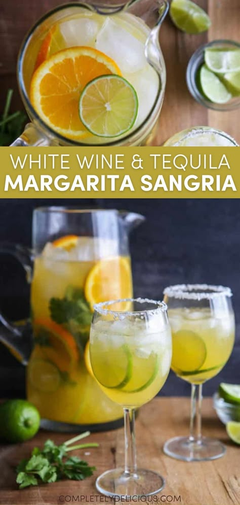 In this drink recipe, margaritas and white wine sangria collide into one perfect cocktail! Fill a pitcher with a bottle of dry white wine, tequila, triple sec, fresh orange juice, fresh lime juice, and a few stems of cilantro and let it it chill for a few hours. Then pour over ice and serve! | margarita sangria recipe | margarita sangria punch | how to make sangria margarita | party drink recipes alcoholic | alcoholic drink recipes | sangria with white wine | sangria with tequila recipe Sangarita Recipe, Summer Pitcher Cocktails, Orange Sangria Recipes, Drink Recipes Alcoholic, Party Drink Recipes, Sangria Margarita, Pitcher Margarita Recipe, Tequila Sangria, Alcoholic Drink Recipes