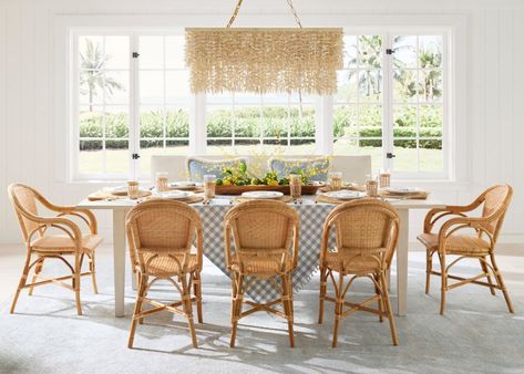 Modern Coastal Dining Room, Parisian Bistro Chairs, French Bistro Chairs, Coastal Dining Room, Parisian Bistro, Coastal Dining, Counter Stools Backless, Expandable Dining Table, Rattan Dining Chairs