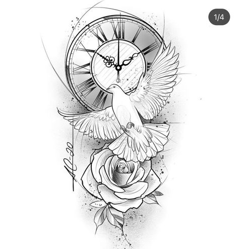 Rose Dove Tattoo, Dove And Rose Tattoo, Tattoo Outline Drawing Stencil Ideas, Tattoo Outline Drawing Stencil, Tattoo Design Stencil, Clock And Rose Tattoo, Clock Tattoos, Lotusblume Tattoo, Rose Tattoo Stencil