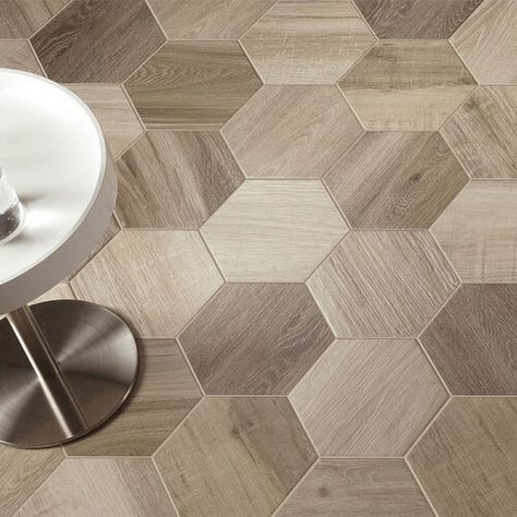 Wood-inspired hexagon porcelain floor tile Kitchen Hexagon Tile Floor, Hexagon Tile Kitchen Floor, Tile Looks Like Wood, Hexagon Flooring, Hexagon Tile Kitchen, Porcelain Tiles Kitchen, Hexagon Tile Bathroom, Hexagon Tile Floor, Wood Hexagon