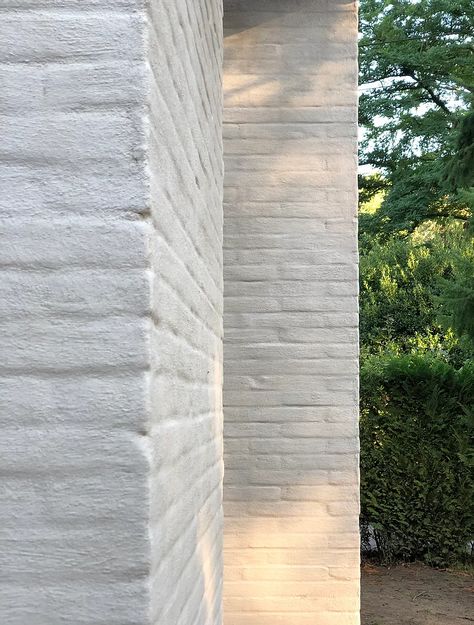 Slurried Brick Exterior, Slurry Brick Exterior, White Exterior Brick, Slurried Brick, Brick Rendering, Lime Wash Brick, Painted Brick Exteriors, Exterior House Remodel, White Wash Brick