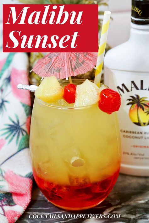 This boozy Malibu Sunset is made with Malibu rum and is great for summer girls trips. Easy tropical rum cocktail so pretty for sipping pool side or as a beach drink. Summer mixed drinks that a favorite of the Malibu Rum drinks! Pitcher Mixed Drinks, Malibu Sunset Cocktail Recipe, Malibu Sunset Cocktail, Sunset Cocktail Recipe, Best Rum Cocktails, Summer Mixed Drinks, Rum Mixed Drinks, Malibu Rum Drinks, Drinks With Pineapple Juice