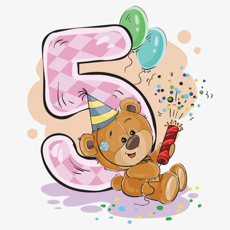 Number 5 Cartoon, Brown Bear Illustration, Baby Month Stickers, Bear Wedding, Teddy Bear Birthday, Birthday Illustration, Month Stickers, Birthday Clipart, Bear Illustration