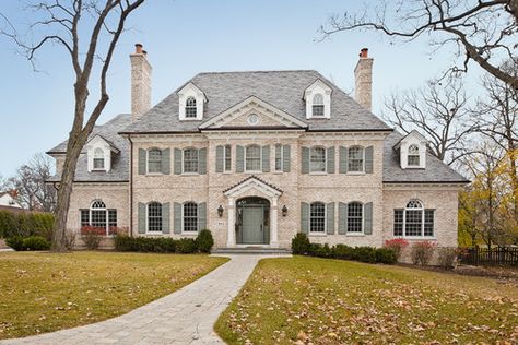 whitewashed looking brick, green gray shutters and door----not the house---love the color combination Traditional Exterior Homes, Shutter Colors, Green Shutters, House Trim, Colonial Style Homes, Brick Exterior House, Shutters Exterior, Traditional Exterior, Casa Exterior