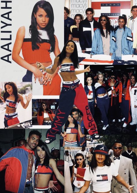 90s Aaliyah Fashion, Tommy Hilfiger Outfits 90s, Xscape Group The 90s Outfits, Aliyah Tommy Hilfiger, Aaliyah Tommy Hilfiger Outfit, Aaliyah Style 90s Tommy Hilfiger, 90s R B Outfit, 90s Fashion Aliyah, 80s R&b Fashion