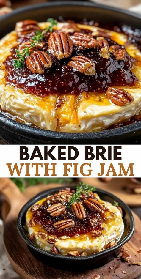 Indulge in the delightful blend of creamy brie cheese and sweet fig jam with this mouthwatering baked brie appetizer. With just a handful of ingredients and about half an hour, you can create a dish that's perfect for festive celebrations or any memorable event. Easy Appetizers Brie, Brie Cheese Baked, Brie Pecans Brown Sugar, Baked Brie Dinner, Fig Jam Baked Brie, Fig Jam And Cheese, Baked Brie With Figs, Brie Fall Appetizer, Brie Cheese Recipes Thanksgiving