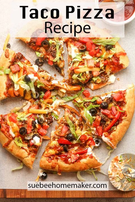 Taco Pizza Recipe combines homemade pizza dough with taco sauce, fresh veggies, spicy taco meat, and shredded cheese. This copycat version is even better than the restaurant version! Godfathers Taco Pizza Recipe, Homemade Taco Pizza, Taco Pizza Recipe, Taco Pizza Recipes, Taco Pizza, Making Homemade Pizza, Taco Sauce, Homemade Pizza Dough, Pizza Recipes Homemade