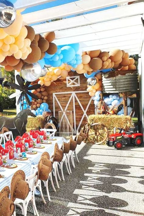 3rd Rodeo Party, Farm Style Birthday Party, Cowboy Farm Birthday Party, Farm Themed Birthday Party Table, 1st Bday Cowboy Theme, Blue Farm Themed Birthday Party, Rustic Farm Party Decor, Farmhouse Birthday Party Decorations, Barnyard Decorations Farm Theme