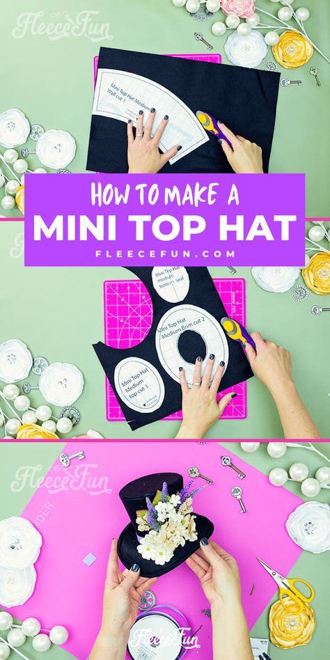 Miniature Top Hat Pattern, Mini Top Hat Pattern Free, Crochet Mini Top Hat Free Pattern, How To Make A Mini Top Hat, Top Hat Diy How To Make A, Diy Mini Top Hat Headband, Diy Small Top Hat, Mini Top Hat Pattern Templates, Paper Top Hat Template