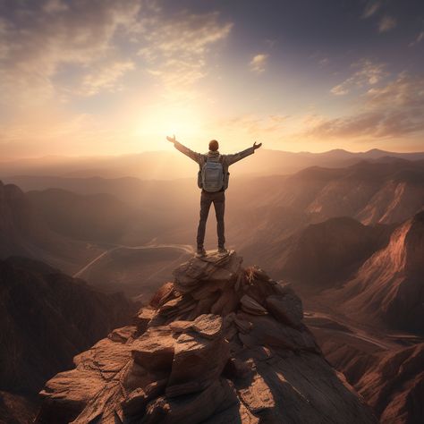 On Top Of A Mountain Aesthetic, Standing On Top Of A Mountain, Top Of Mountain Aesthetic, Person On Top Of Mountain, Adventure Poster Design, Man On Top Of Mountain, Man On Mountain, Arms Wide Open, A Man Standing