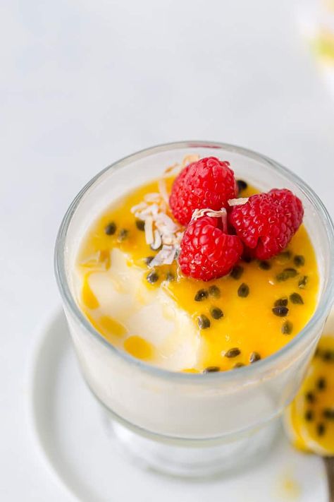 A creamy, decadent panna cotta is infused with tropical flavors of coconut and passionfruit. This passionfruit panna cotta is a delight! Passionfruit Dessert, Make A Letter, Fruit Mousse, Passion Fruit Mousse, Coconut Panna Cotta, Brazilian Desserts, Tropical Desserts, Panna Cotta Recipe, Letter Cake