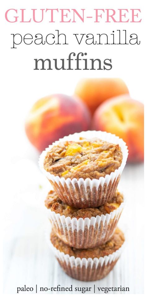 Gluten-free Peach Vanilla Muffins | Haute & Healthy Living Peach Muffin Recipes, Vanille Muffins, Fruit Muffins, Healthy Muffin, Peach Muffins, Vanilla Muffins, Healthy Muffin Recipes, Peach Desserts, Peach Cake