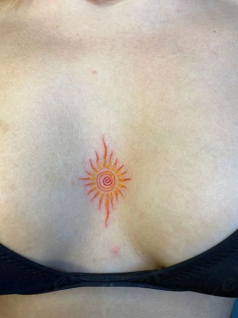 Colorful Sunset Tattoo, Small Back Of The Neck Tattoos, Tattoo Of The Sun, Sun Red Tattoo, Sun Stomach Tattoo, Sun Back Tattoo Women, Orange Sun Tattoo, Sun Chest Tattoo Female, Colorful Sun Tattoo