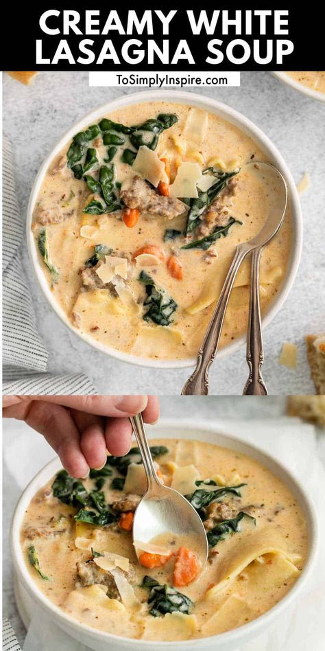 Sausage And Noodle Soup, White Lasagna Soup With Sausage, Italian Sausage Recipes Soup, Creamy White Lasagna Soup, Spinach Meals, Sausage Lasagna Soup, White Lasagna Soup, Cheesy Soup, Lasagne Soup