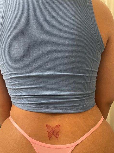 Butterfly Tattoo On Lower Back, Tattoo On Lower Back, Butterfly Lower Back Tattoo, Tattoo Ideas Inspiration, Red Ink Tattoo, Spine Tattoo Ideas, Tramp Stamp Tattoos, Butterfly Back Tattoo, Tattoo Butterfly