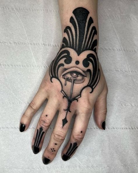 Neo Ornamental Tattoo, Black Out Finger Tattoo, Big Knee Tattoo, Hand Ornamental Tattoo, Blackwork Hand Tattoo, Ornamental Blackwork Tattoo, Black Hand Tattoo, Ornamental Hand Tattoo, Blackwork Tattoo Flash