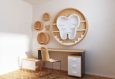 Bookshelf: Dentist tooth shelf Stomatology Design Interior, Dental Office Decor Ideas, Pediatric Dental Office Decor, Clinic Aesthetic, Dentist Office Design Interiors, Dentistry Design, Dental Wall Art, Dental Wallpaper, Dentistry Office