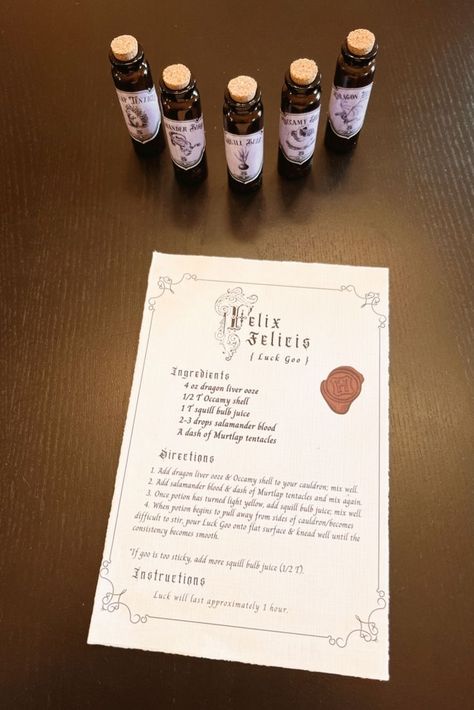 More from our Harry Potter escape room.... this is for Slug + Jiggers Apothecary shop. These potion bottles contain the ingredients from the Felix Felicis potion recipe. On the back of each is a letter. When the bottles are lined up in the order of the ingredients listed on the recipe, it spells "WANDS"-- indicating everyone should visit Ollivander's wand shop for the next clue! Felix Felicis Recipe, Harry Potter Escape Room, Potion Ingredients, Wand Shop, Apothecary Shop, Felix Felicis, Potions Recipes, Potion Bottles, Turn Light