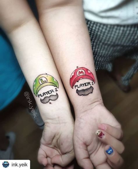 37 37 Brother and Sister Tattoo Ideas - For Women and Men Brother And Sister Tattoos, Bro Tattoos, Super Mario Tattoo, Brothers Tattoo, Matching Tattoos For Siblings, Brother And Sister Tattoo Ideas, Sister Tattoo Ideas, Mario Tattoo, Sister Tattoo Designs